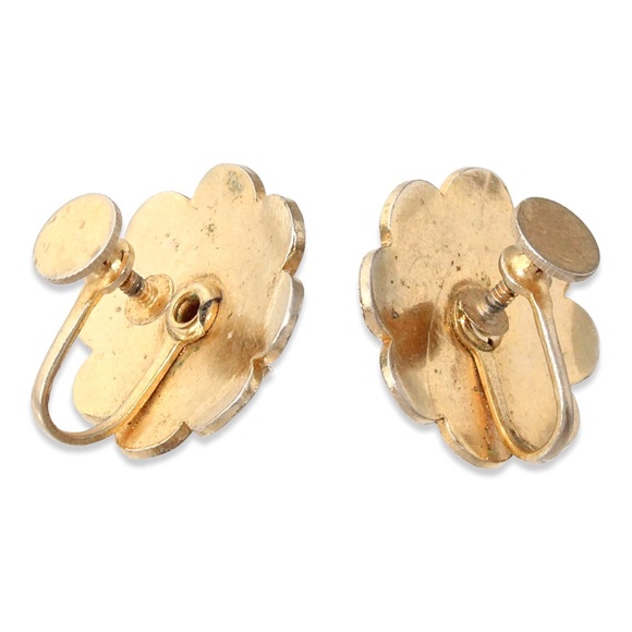 Vintage Blue Enamel Cloisonne Rhinestone Flower Screw Back Earrings Gold Tone - Picture 3 of 4